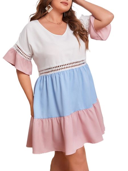 

plus ruffle trim guipure lace insert colorblock dress j3zl#, Black