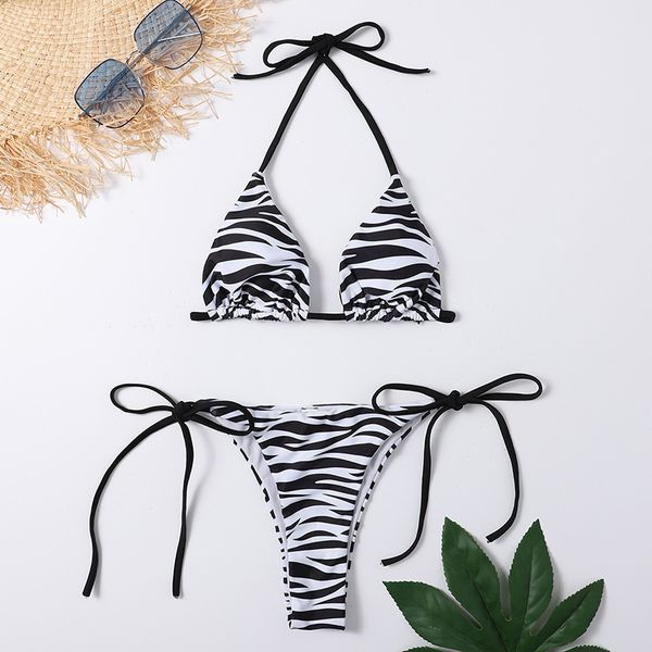 

zebra striped halter textile triangle bikini set swimwear women micro thong swimsuits bikinis 2022 mujer string swimming suit biquinis