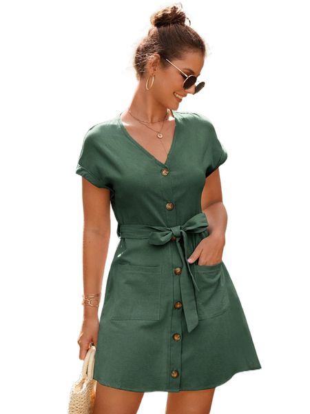 

single breasted batwing sleeve dual pocket belted dress q8bn#, Black;gray