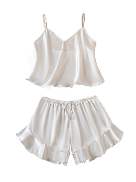 

ruffle hem satin pj set 14lw#, Black;red