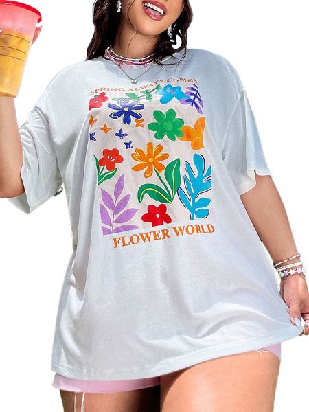 

plus floral & letter graphic drop shoulder tee b0zh#, Black