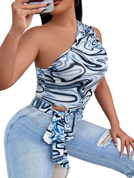 

sxy marble print one shoulder knot hem 913i#, White