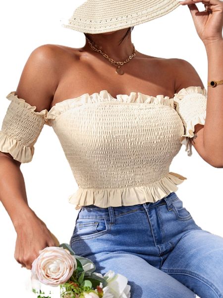 

frill trim shirred blouse 68az#, White
