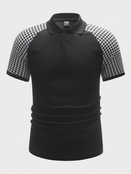 

men colorblock houndstooth raglan sleeve polo shirt u0j7#, White;black