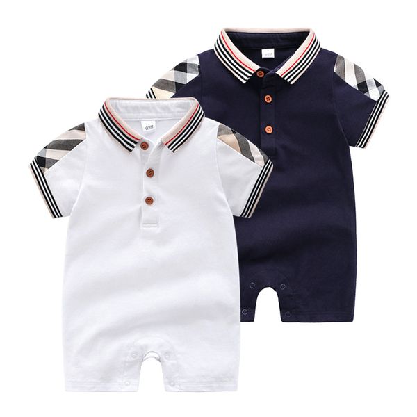 

newborn baby girls and boy short sleeve summer romper clothes plaid cotton infant kids outfit clothing navy white color, Blue