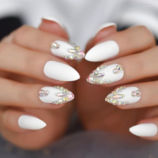 Unghie finte Diamond Almond Pure White Medium Nail Colorful Brillante Design Suggerimenti Dito artificiale in plastica Prud22