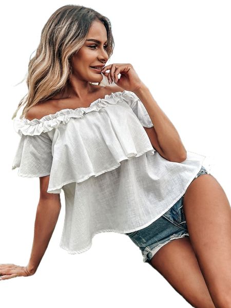 

off shoulder ruffle trim blouse h74q#, White