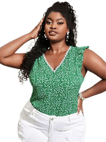 

sxy plus ditsy floral flutter sleeve guipure lace detail blouse n6us#, Black