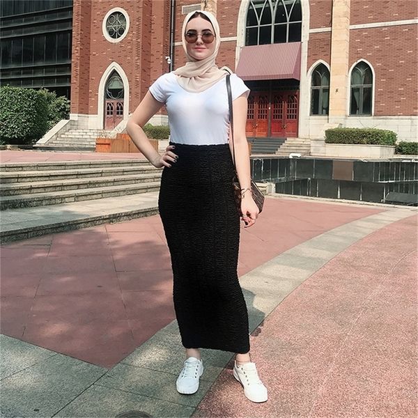 

faldas mujer moda muslim knitted high waist maxi pencil long skirt jupe longue femme skirts womens clothing jupe crayon femme lj200820, Black