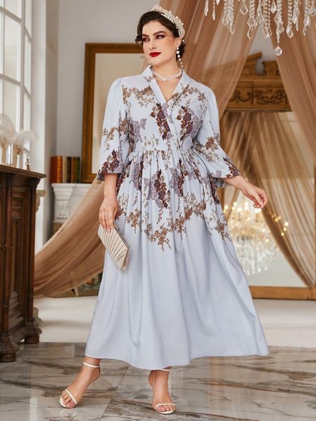 

plus random floral print overlap collar dress 42vm#, Black