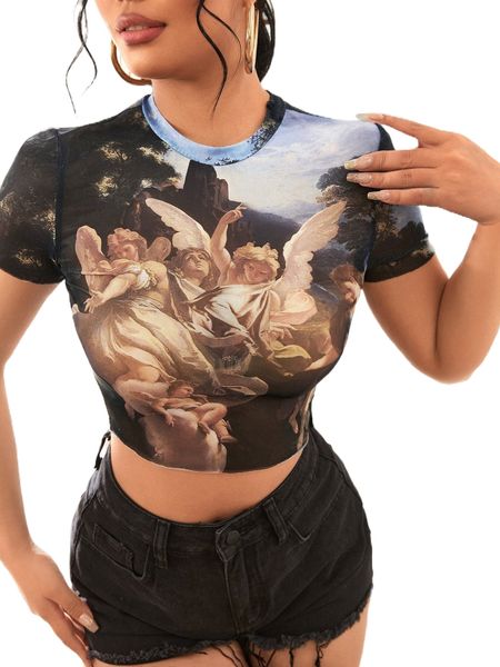 

angel print mesh crop r0l3#, White