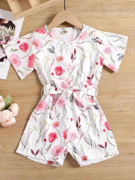 

toddler girls letter & floral print belted romper she, Blue