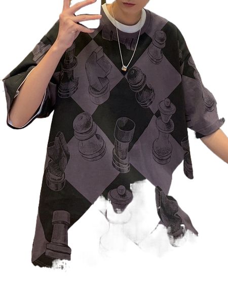 

men checker print drop shoulder tee e7nz#, White;black