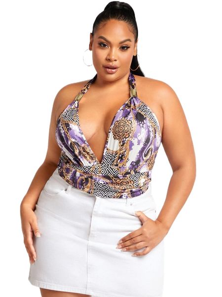 

sxy plus chain & baroque print backless halter bodysuit y5hv#, Black