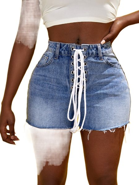 

sxy grommet lace up front frayed hem denim shorts k8et#, White;black