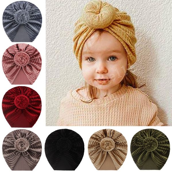 

baby indian caps newborn velvet doughnut hat striped princess turban girls soft fetal cap cotton knotted head wraps kids bonnet beanie hair, Yellow