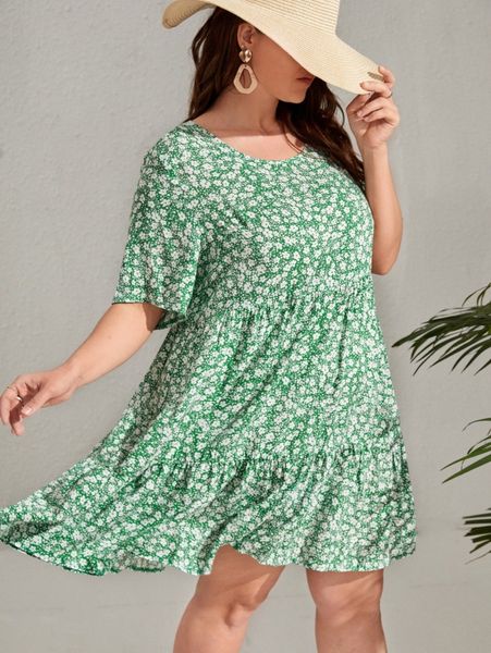 

plus ditsy floral print ruffle hem smock dress b6yg#, Black