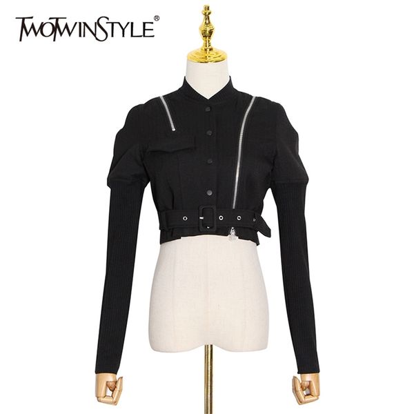 

twotwinstyle black patchwork zipper short for women stand collar long sleeve sashes casual female fashion clothing 210517, Black;brown