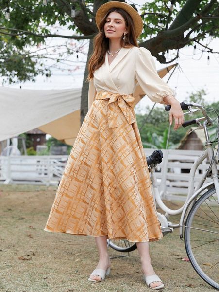 

plaid panel bishop sleeve belted dress m6ij#, Black;gray