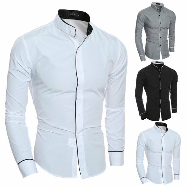 

men stand collar shirt long sleeve pure colors solid slim fit business shirts male, White;black