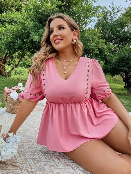 

plus cut out puff sleeve peplum blouse e4j7#, Black