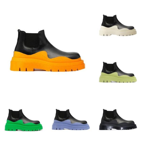 

two tone tire chelsea boots women platform chunky boot lady luxe design men calf desiger low tobe calfskin slip-on style round toe boots bla, Black