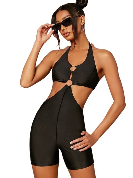 

o-ring front tie backless halter unitard romper 15kl#, Black;white