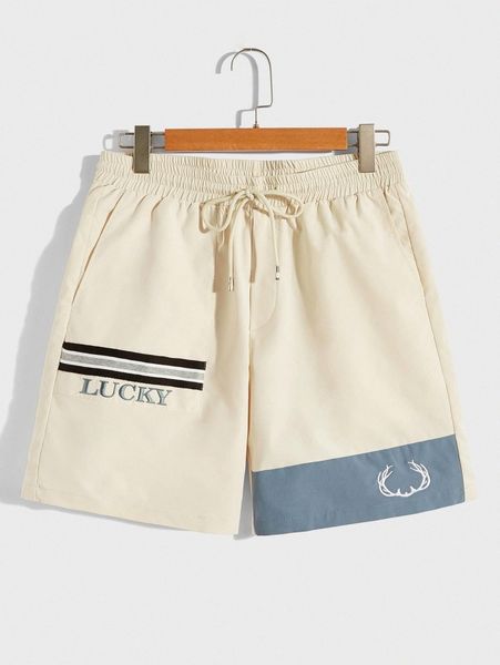 

men letter & antler embroidery contrast tape shorts v6rc#, White;black