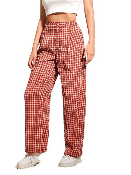 

high waist plaid plicated detail pants 13ti#, Black;white