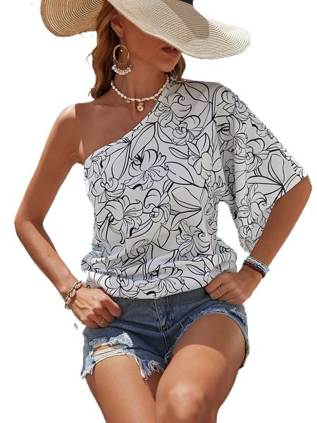 

floral print one shoulder blouse i8si#, White