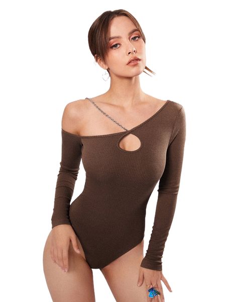 

asymmetrical shoulder chain detail bodysuit x21p#, White