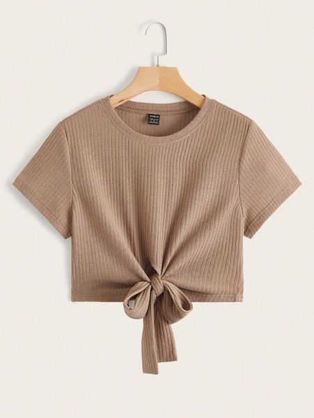 

tie front rib-knit crop tee s5bu#, White