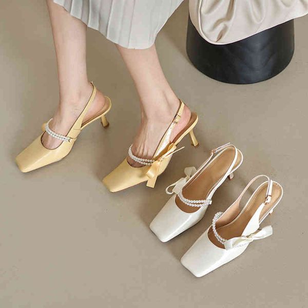 

sandals summer pearl chain ribbon simple street style square head thin heel baotou rear air sandals 0vct, Black