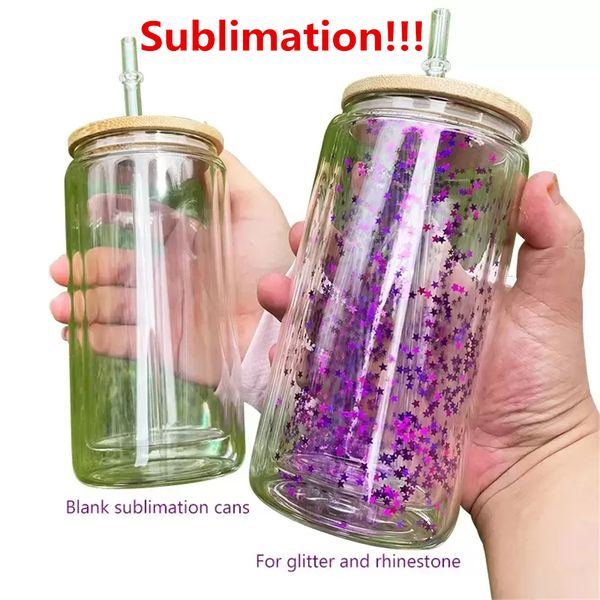 

12oz 16oz 20oz sublimation mugs double wall glass can glitter blank glass tumblers with bamboo lids beer juice glasses cup