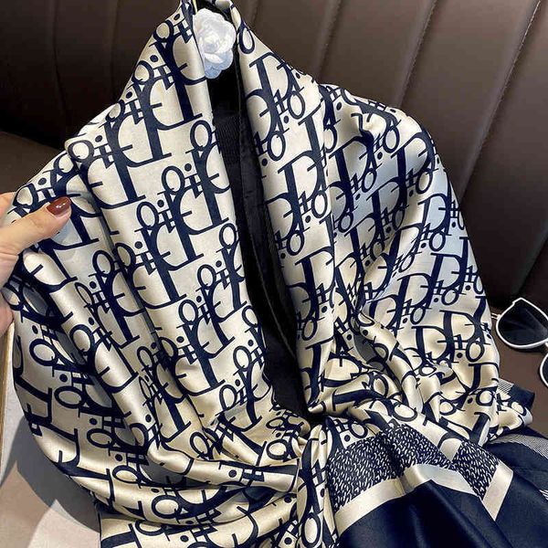 

qm61 2022 new sunscreen printed silk like scarf for women, Blue;gray