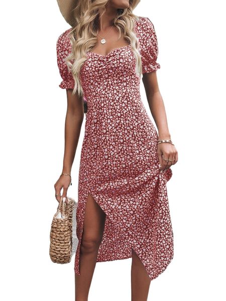 

ditsy floral print puff sleeve slit hem dress v0wi#, Black;gray