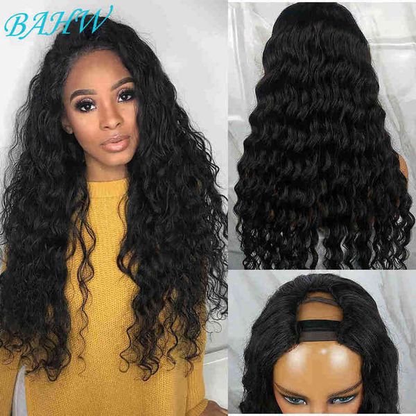 

bahw glueless loose deep wave 100% human hair u part wigs with clips 150 density remy unprocessed loose deep wavy u shape wig 220719, Black