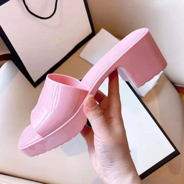 

women rubber slippers block heel slide sandal lady jelly platform slipper 2022ss summer embossed candy color outdoor beach flip flops womens, Black