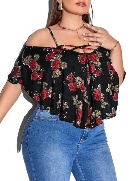

plus floral print cold shoulder crisscross bodysuit r2up#, Black