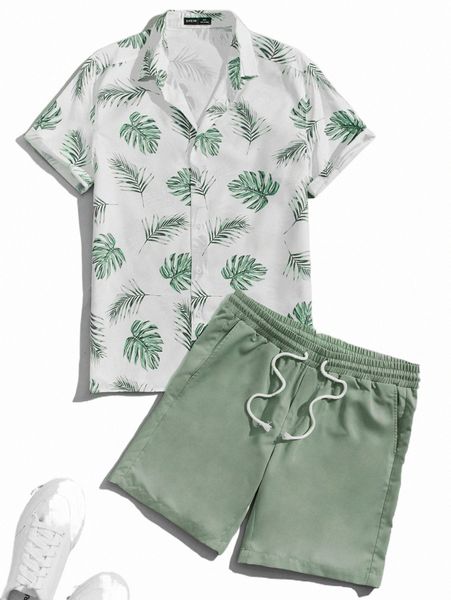 

men tropical print shirt & drawstring waist shorts 72g1#, Gray