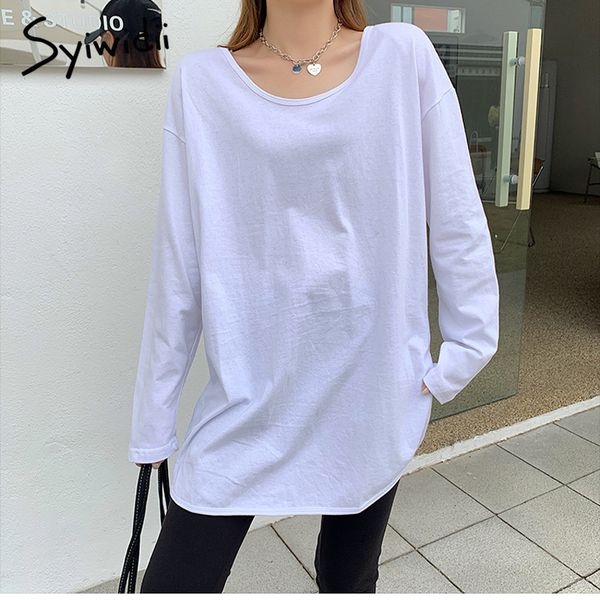 

side split tshirts women long sleeve oneck white oversized clothes spring cotton korean fashion shirts 210415