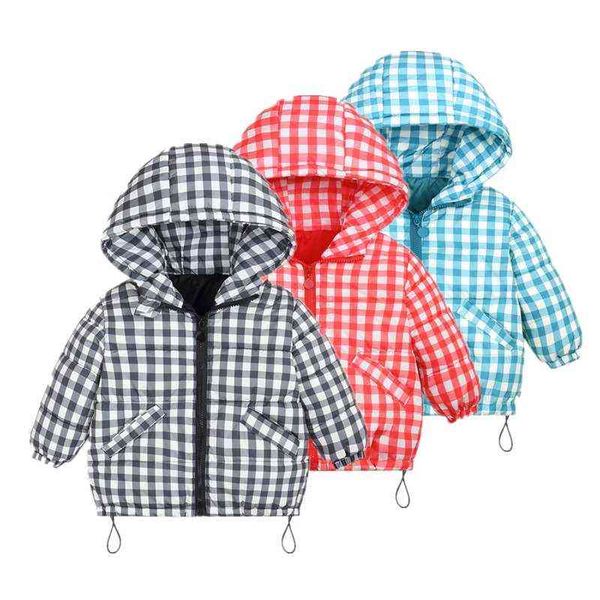 

children's clothing winter new down jacket baby boys and girls cartoon hooded grid jacket warm baby clothes windproof j220718, Blue;gray