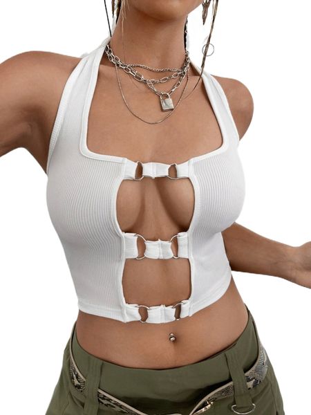 

d-ring cut out backless halter w5eh#, White