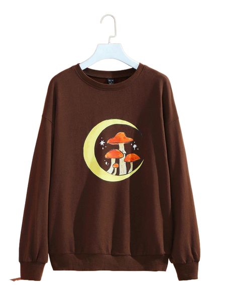 

x raddishroot mushroom and moon print drop shoulder sweatshirt r3uv#, Black