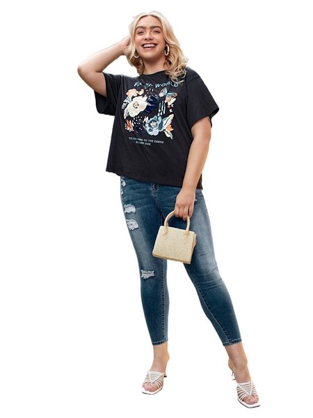 

plus drop shoulder floral & slogan graphic tee t0t5#, Black