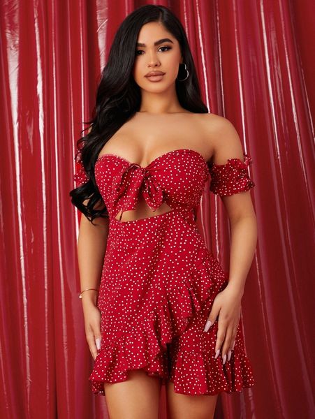

off shoulder tie front cut-out polka dot ruffle hem dress a3au#, Black;gray