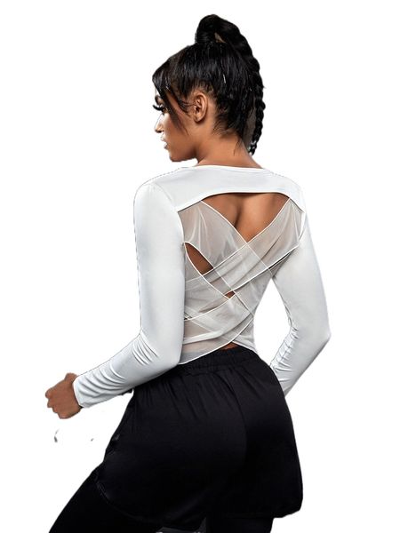 

contrast mesh criss cross back sports tee d3f2#, Gray