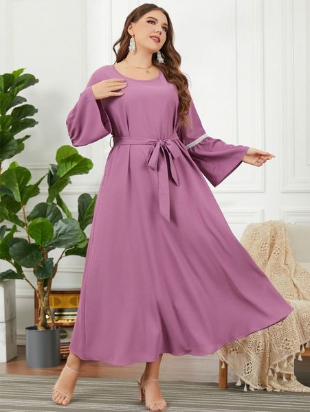 

plus flounce sleeve belted dress d56p#, Black