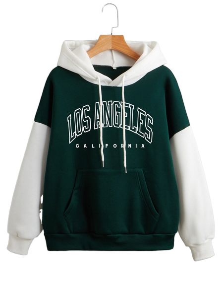 

two tone letter graphic kangaroo pocket drawstring thermal hoodie v0in#, Black