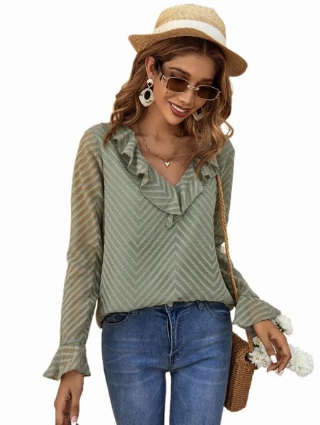 

ruffle trim flounce sleeve blouse x3dh#, White